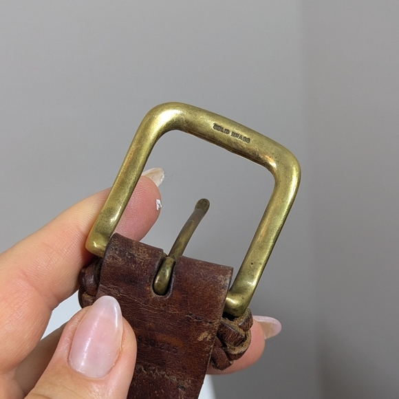 Vintage Brown Woven Leather Belt Brass Buckle Adjustable 41" Unisex Boho Western - Picture 5 of 7